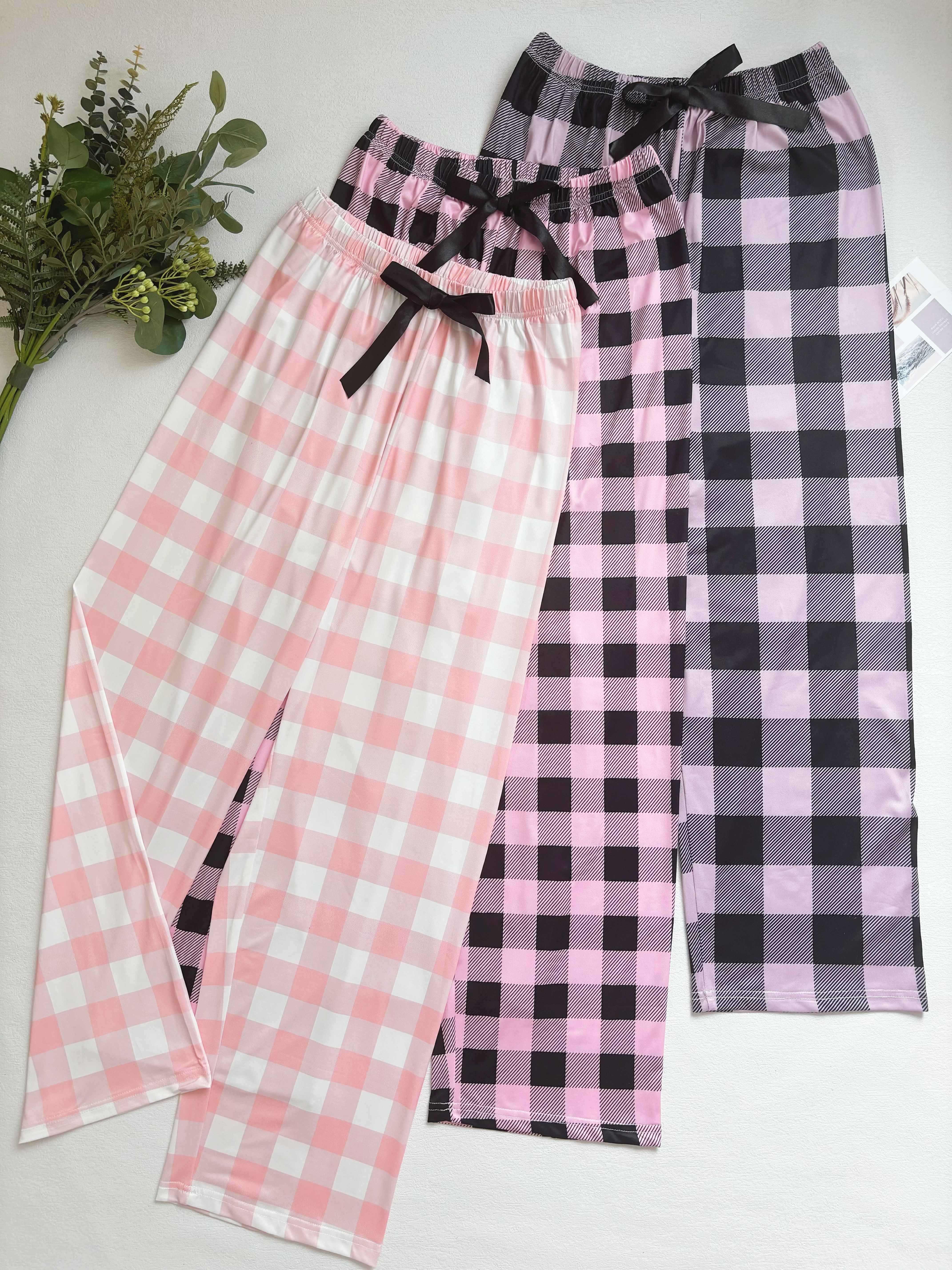 3pcs Elegant Plaid Pajama Set for Women - 97% Polyester, 3% Elastane, Summer Long Pants with Bow Detail, Knit Fabric Lounge Wear